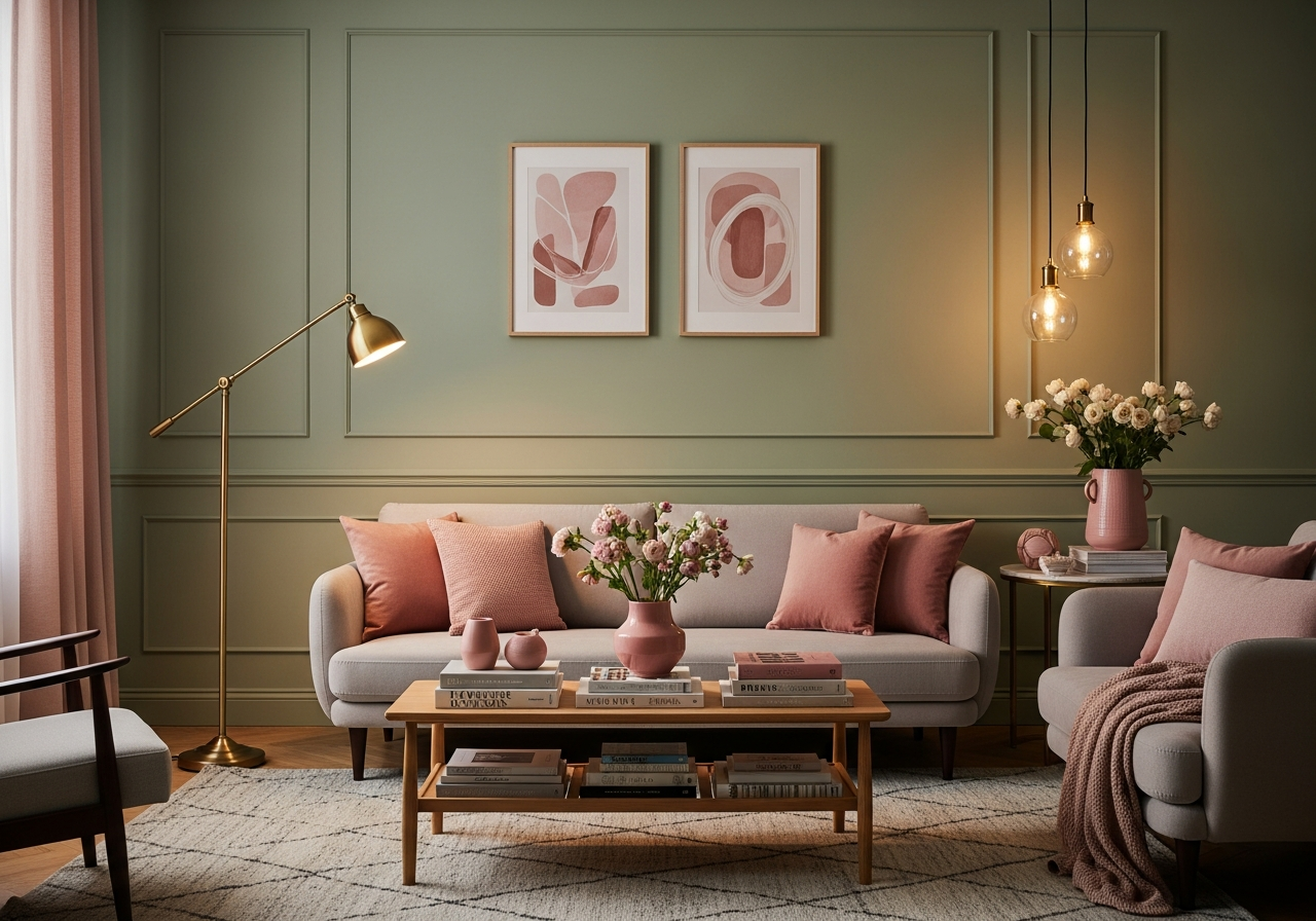Living room with sage green walls, blush pink accent pillows, and warm brass lighting
