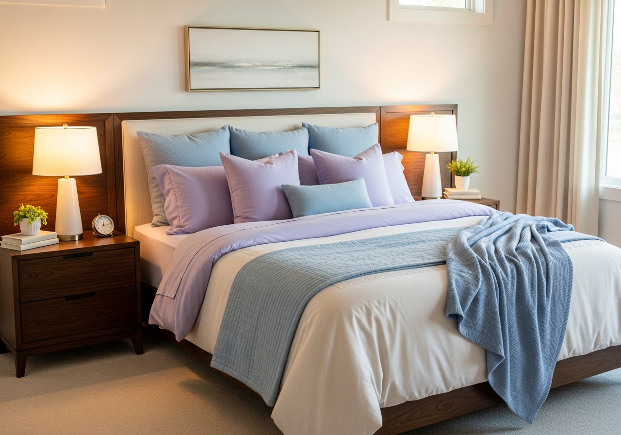 Bedroom with layered pastel palette of lavender, soft blue, and cream with dark wood accents