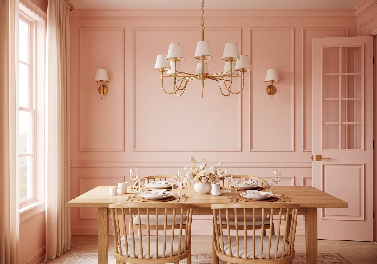 Pastel dining room with blush walls, brass chandelier, and natural wood dining table