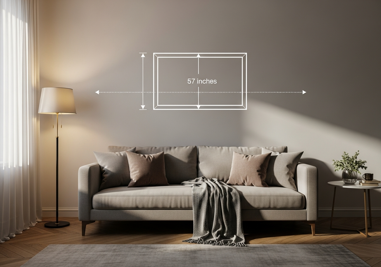 Diagram showing the 57-inch center rule for hanging artwork above a sofa with measurement annotations