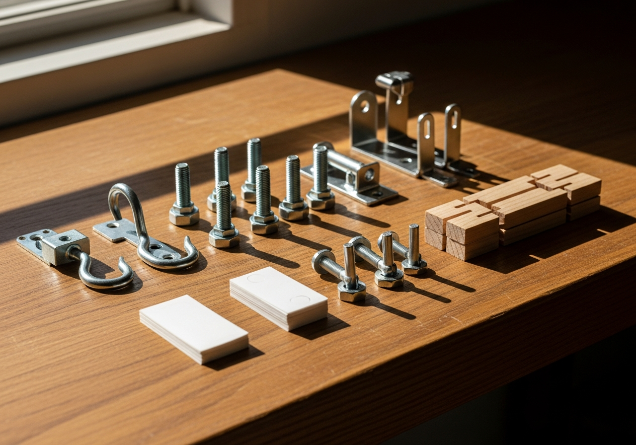 Assorted picture hanging hardware including hooks, toggle bolts, adhesive strips, and French cleats on a workbench