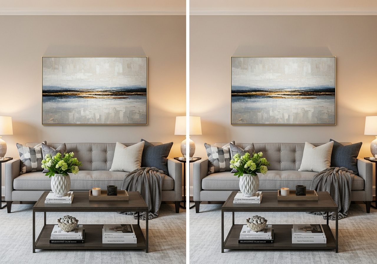 Side-by-side comparison of correctly and incorrectly hung artwork above a sofa showing height difference