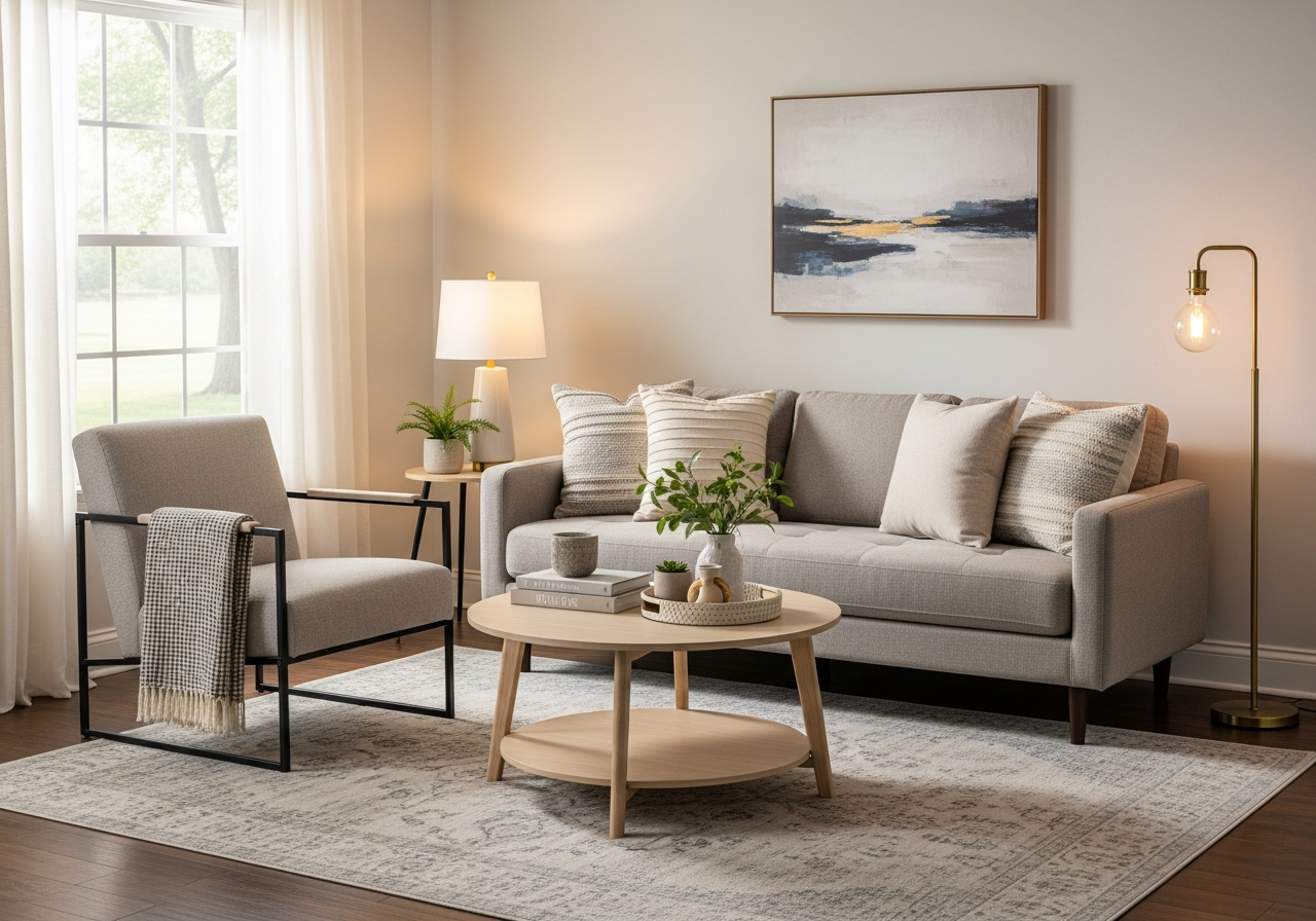 Small living room with apartment-sized sofa, slim-arm accent chair, and round coffee table showing proper furniture scale