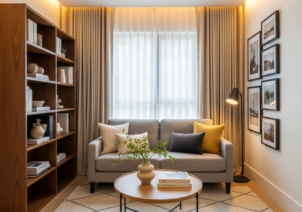 Small living room with floor-to-ceiling curtains, tall bookshelf, and vertical gallery wall emphasizing height