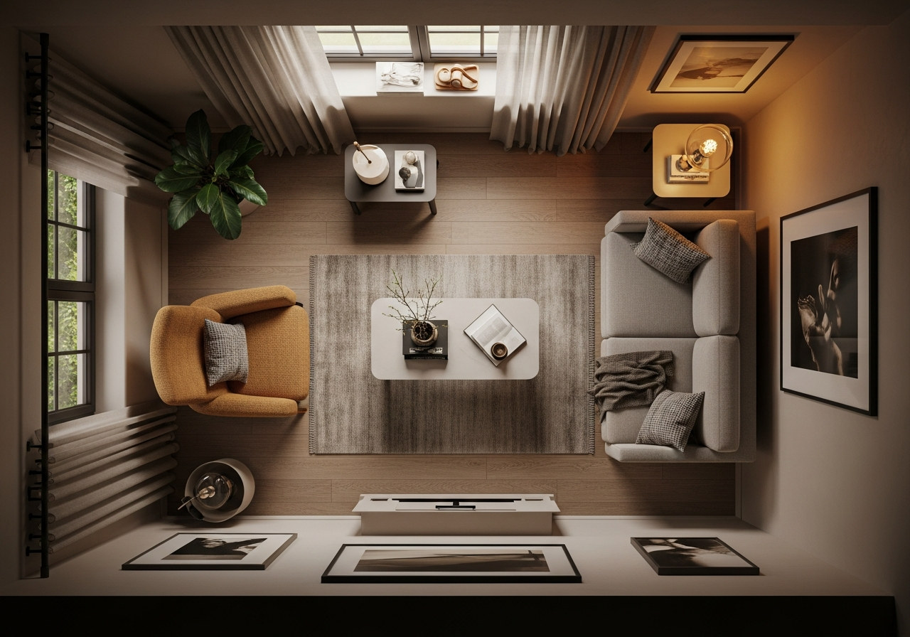 Bird's-eye view of a small living room with furniture pulled slightly away from walls creating visual breathing room