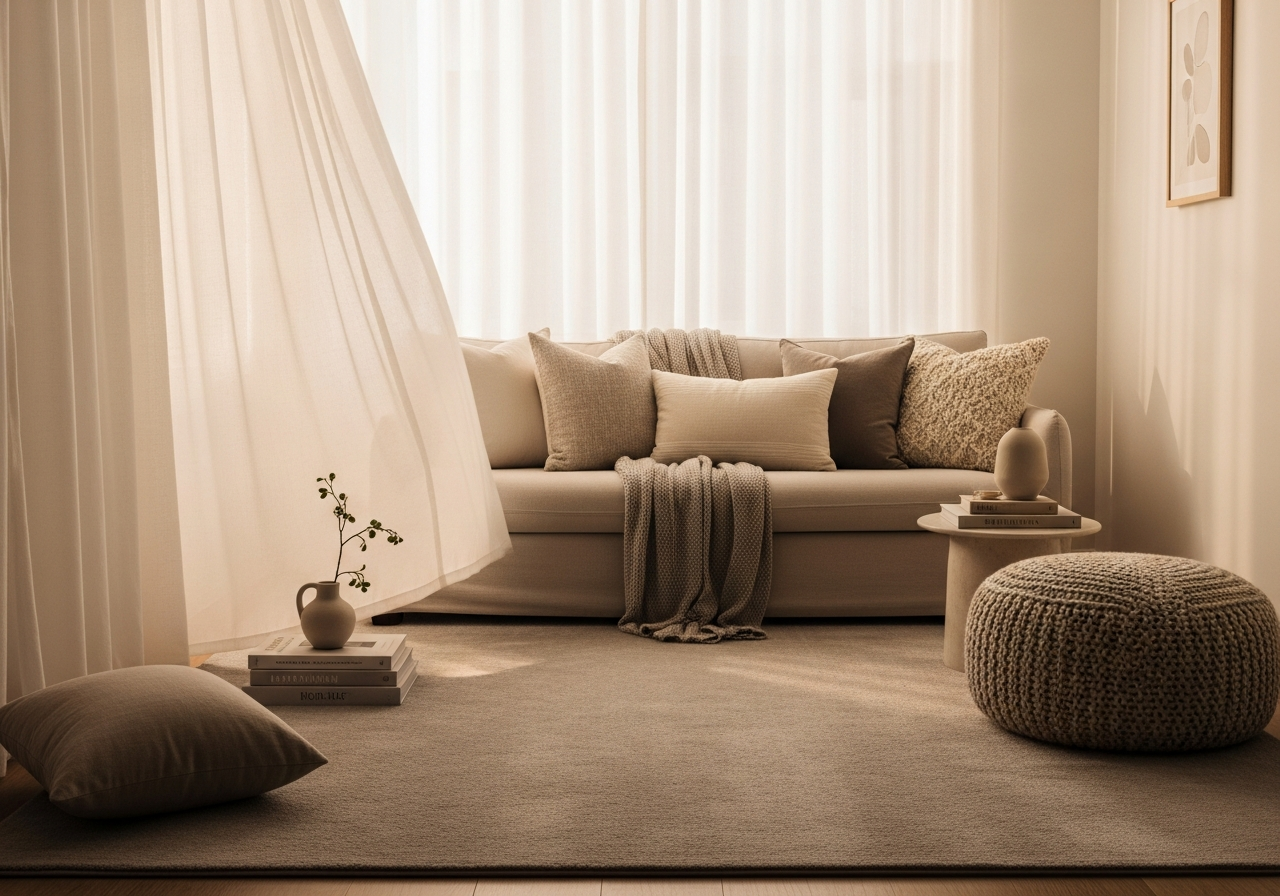 Small living room with sheer curtains, a cohesive neutral rug, and minimal well-chosen throw pillows