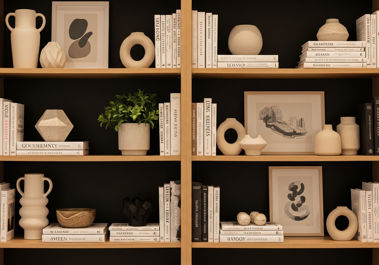 Styled bookshelf showing the 60/30/10 ratio with books, decorative objects, and intentional empty space