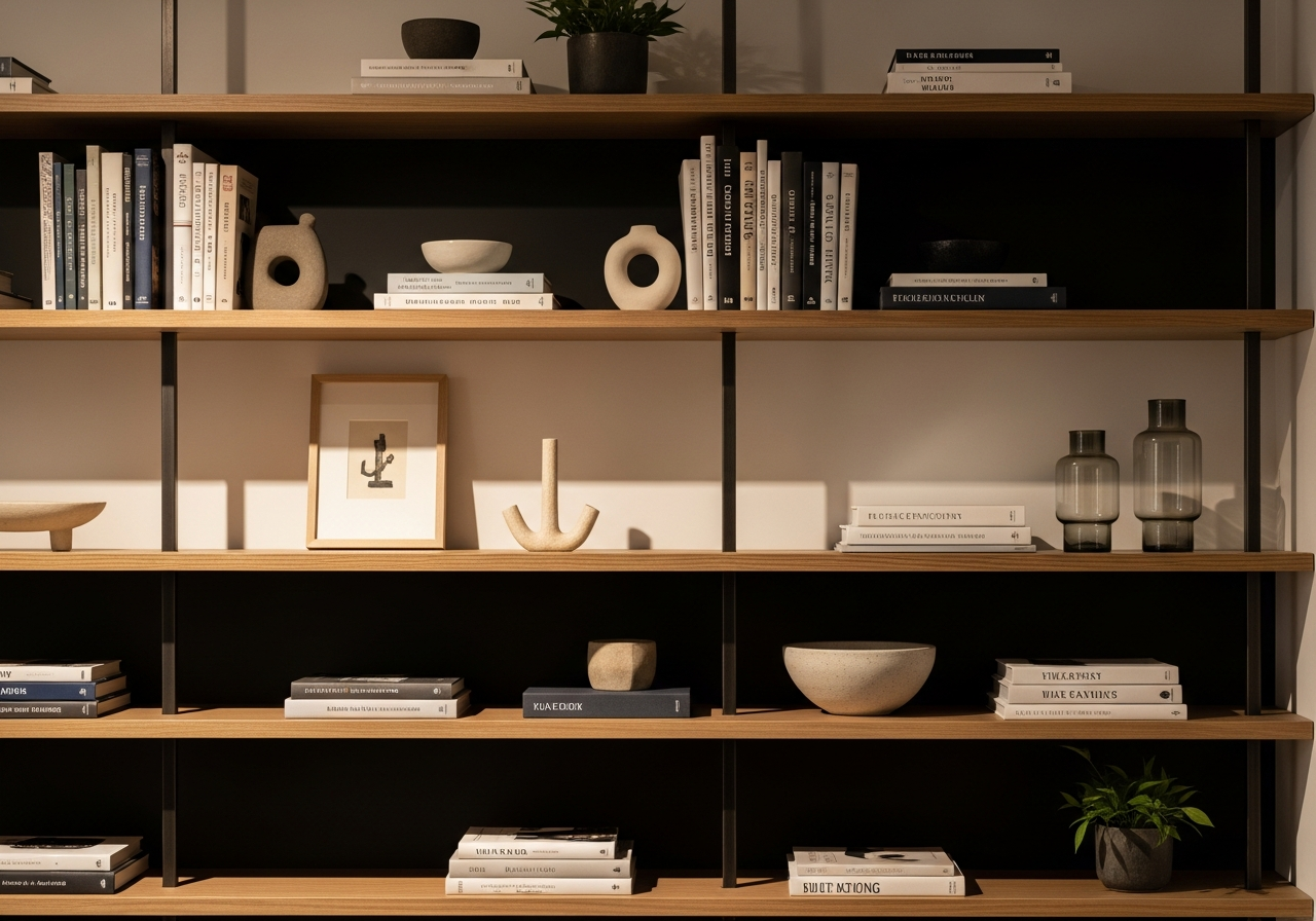 Bookshelf with intentional negative space showing the anchor and float technique with alternating shelf density