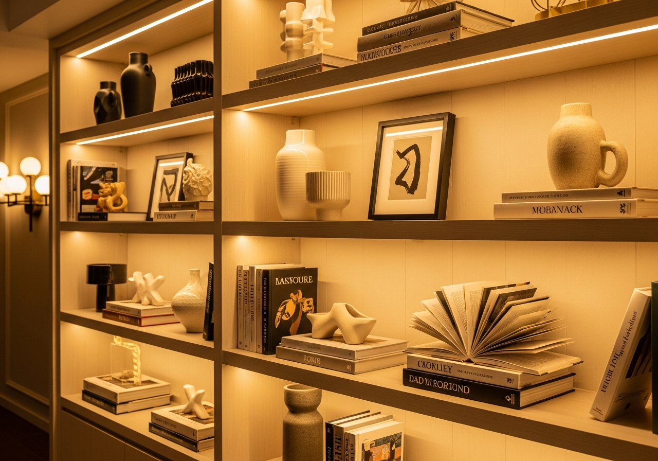 Built-in bookshelf with warm LED strip lighting highlighting decorative objects and book collections