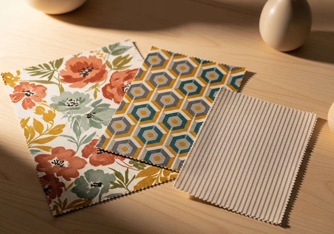 Three textile swatches showing large floral, medium geometric, and small stripe patterns in coordinating colors