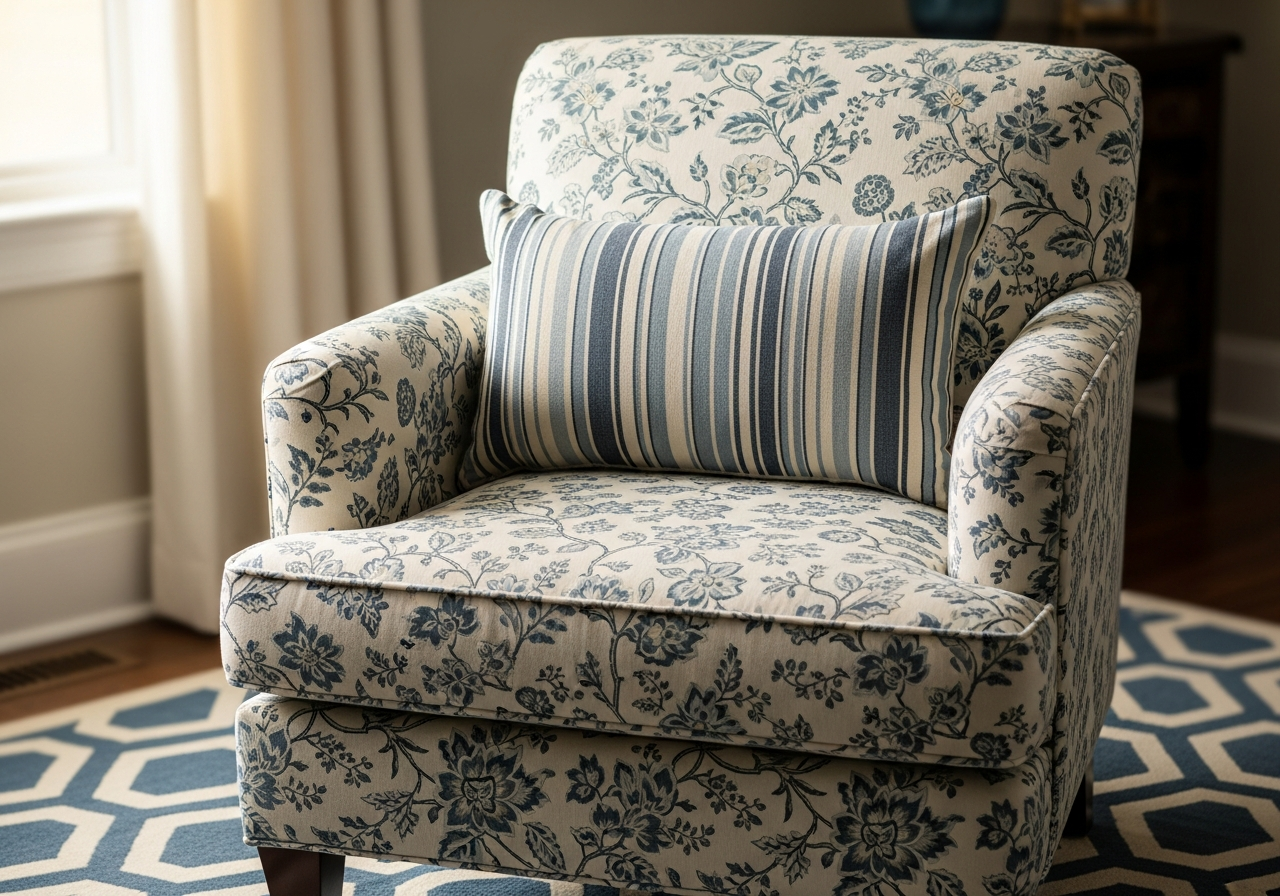 Living room corner showing a floral accent chair, striped throw pillow, and geometric rug in coordinated blues and creams