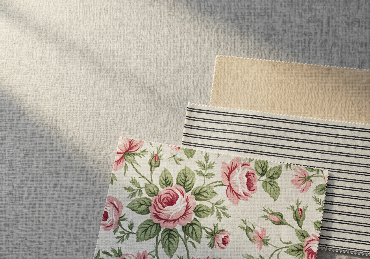 Fabric swatches in coordinating patterns laid out on a neutral surface showing a floral, stripe, and solid combination