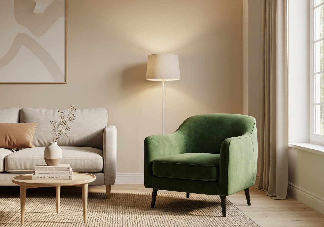 Neutral living room with a single emerald green velvet accent chair creating a bold focal point