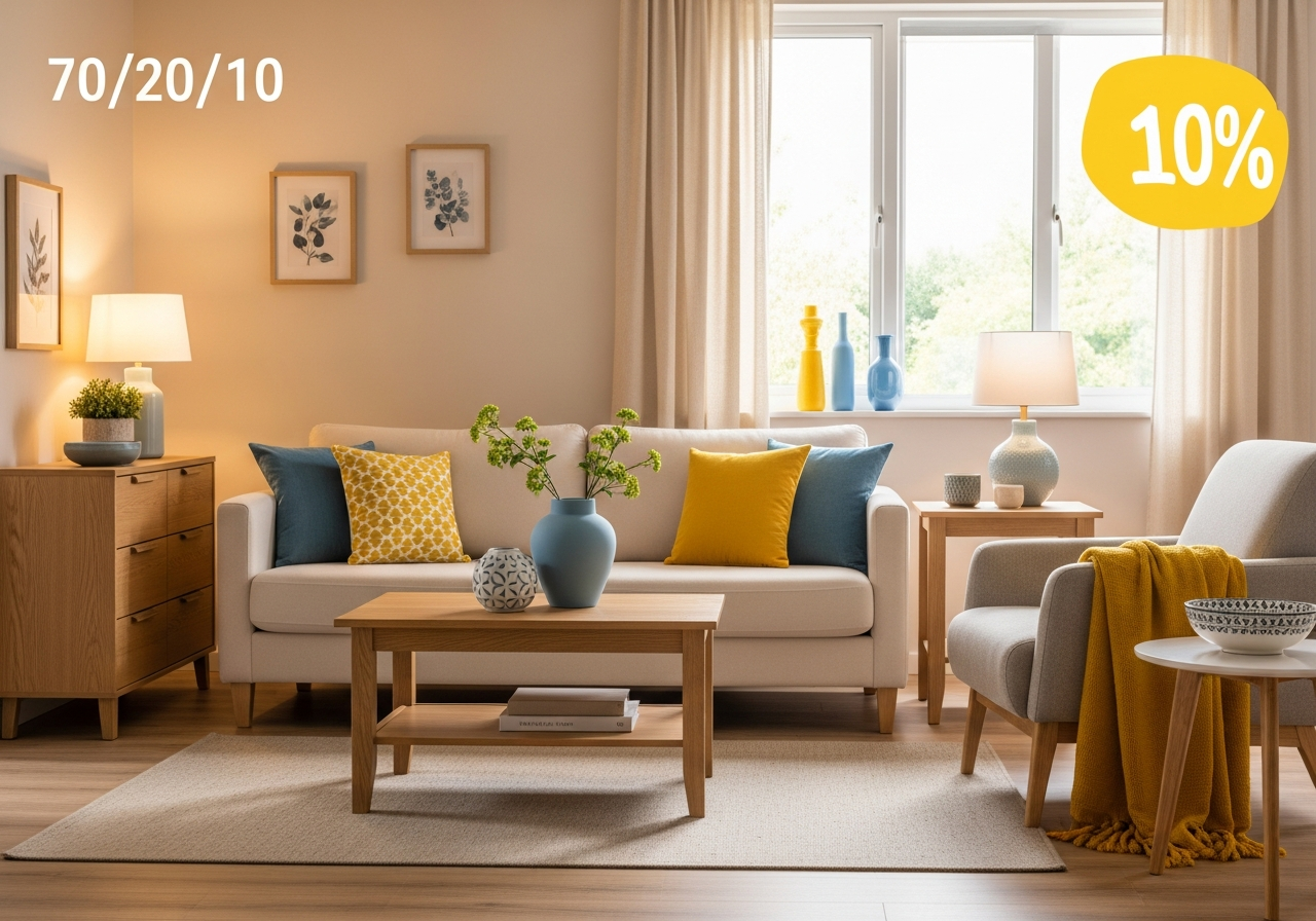 Living room demonstrating the 70/20/10 color rule with warm neutrals, soft blue secondary color, and bold yellow accents