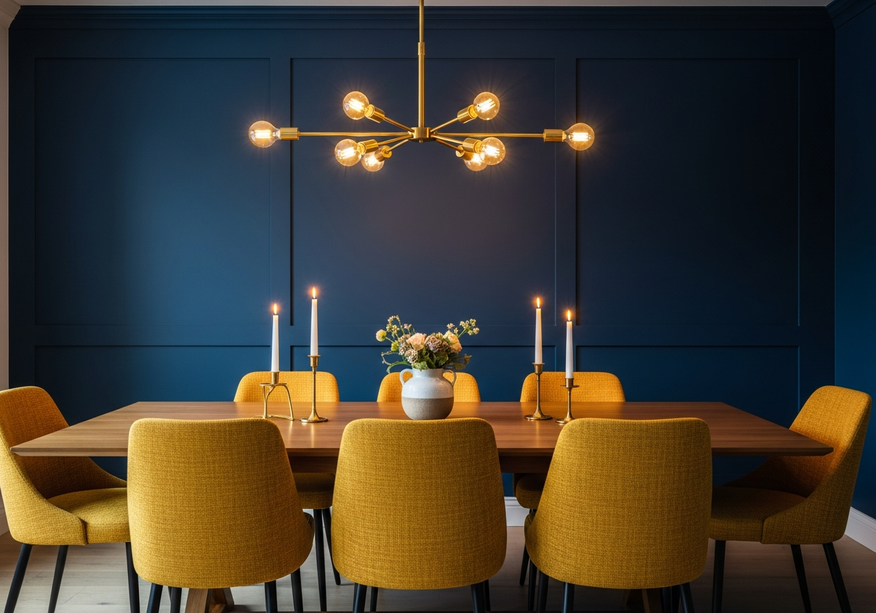 Dining room with deep navy walls, mustard yellow dining chairs, and brass light fixture showing complementary bold pairing