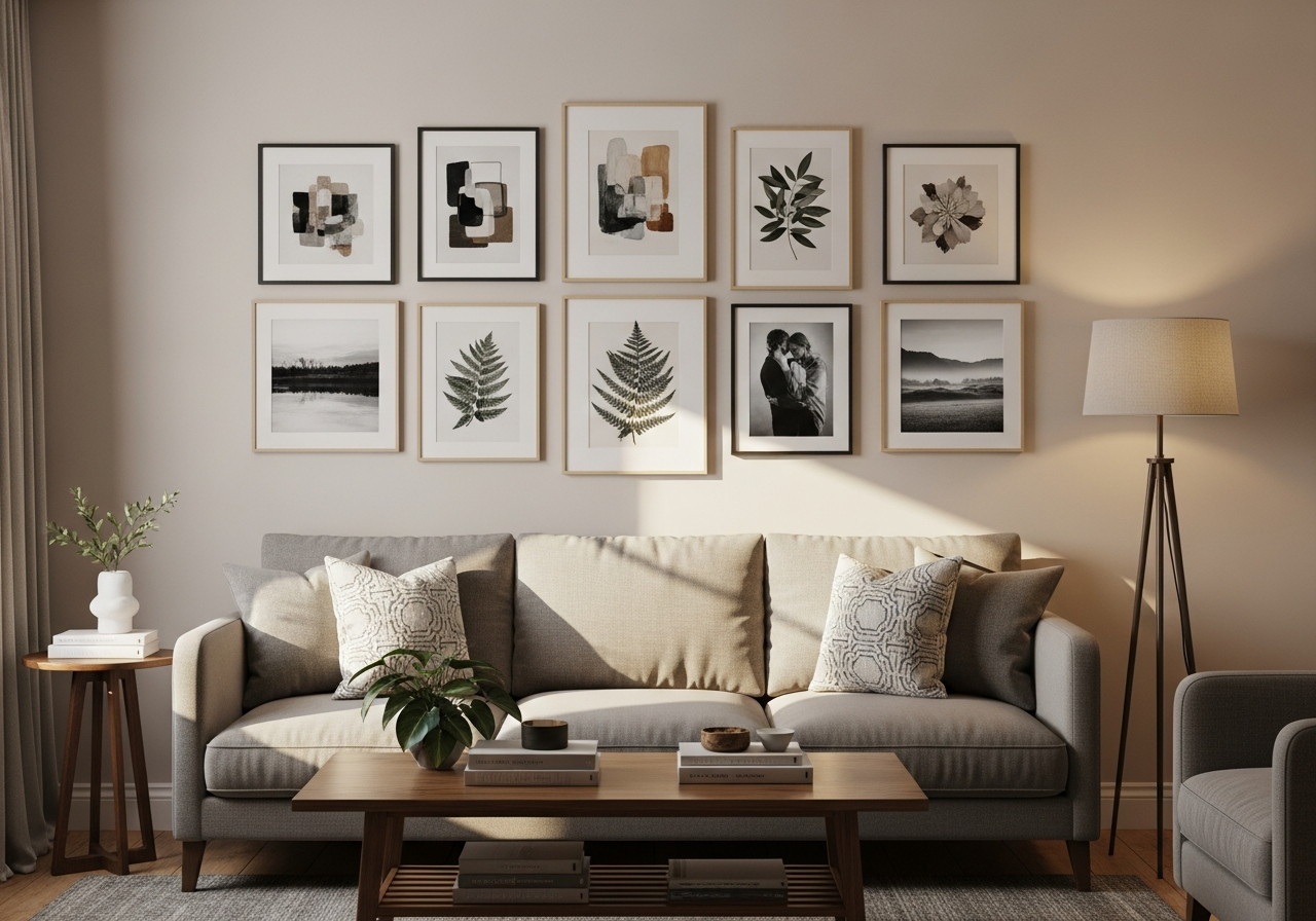 Gallery wall arrangement with nine frames in a grid pattern above a living room sofa