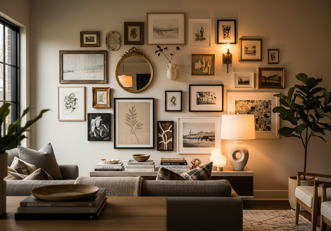 Salon-style gallery wall with mixed frame sizes and decorative objects arranged on a living room wall