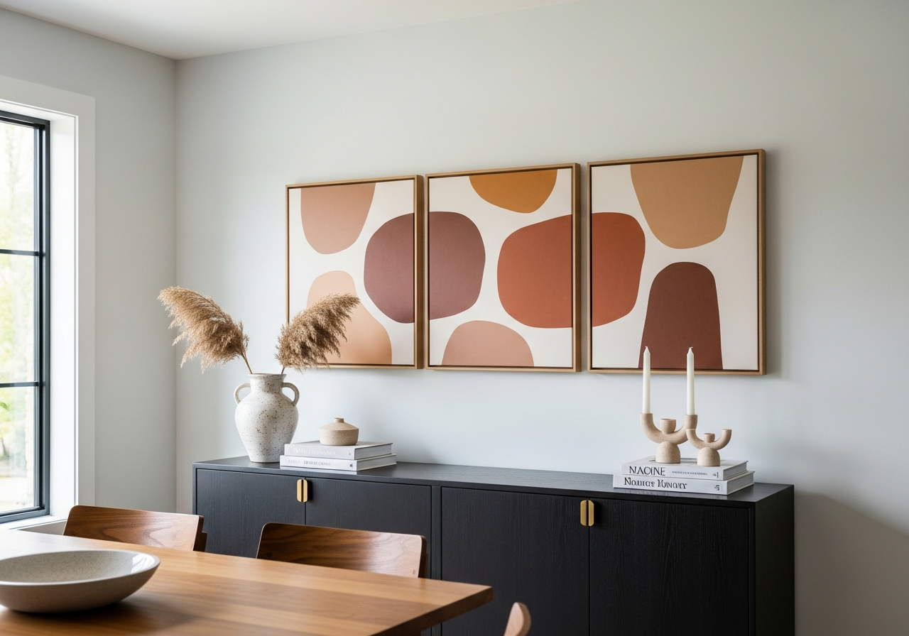Three-panel triptych artwork displayed above a modern dining room sideboard with even spacing