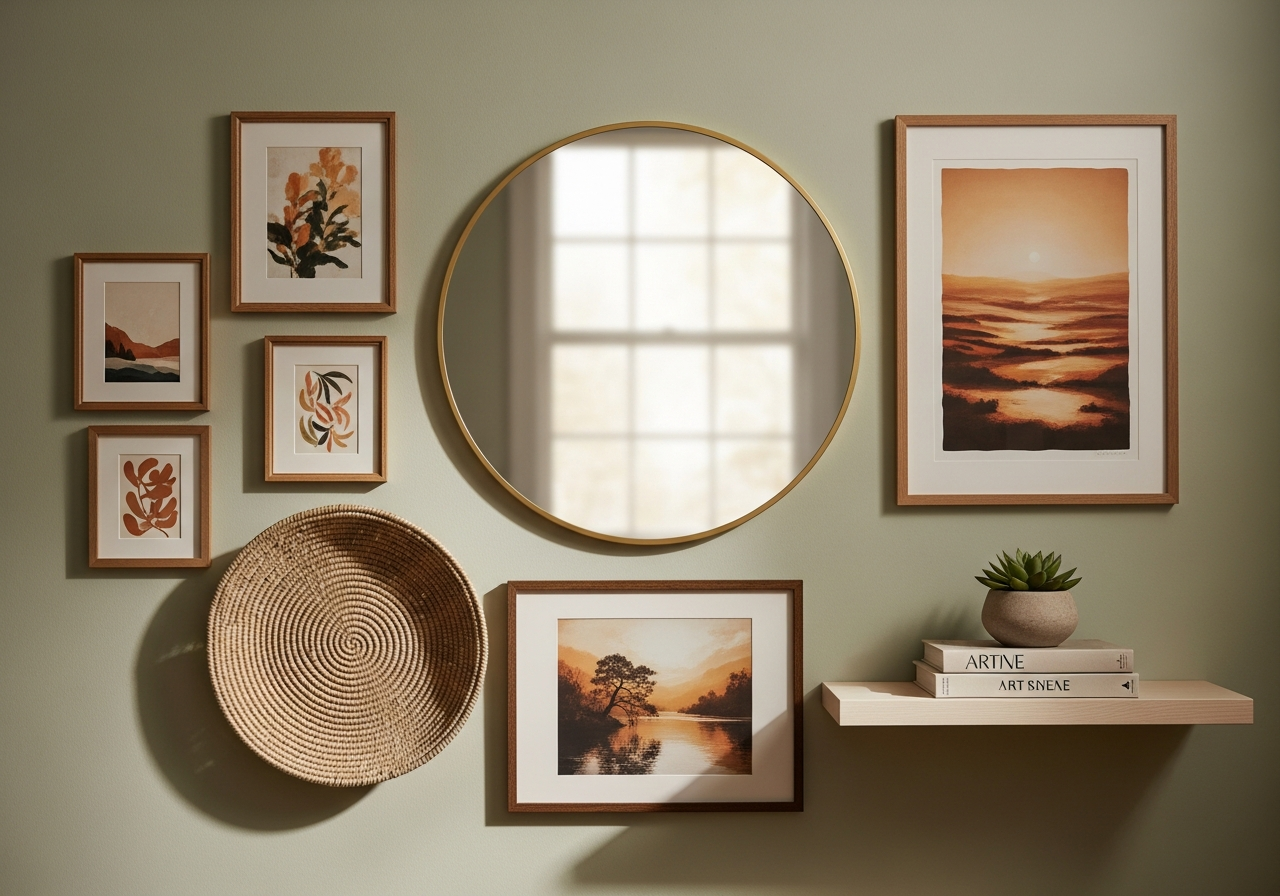 Mixed-media wall display combining framed art, a round mirror, woven basket, and floating shelf