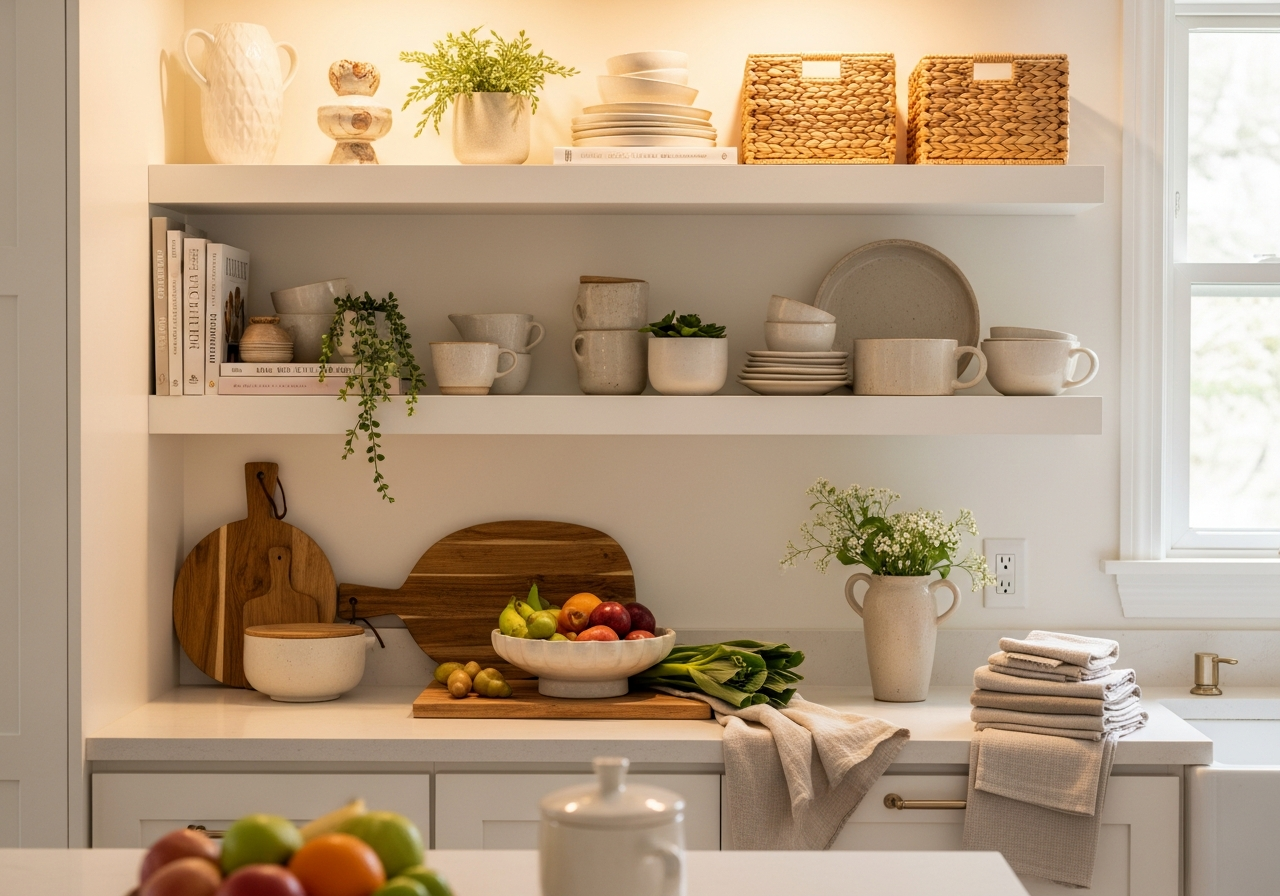 Bright kitchen with styled open shelving, fresh textiles, and decorative accessories on countertops