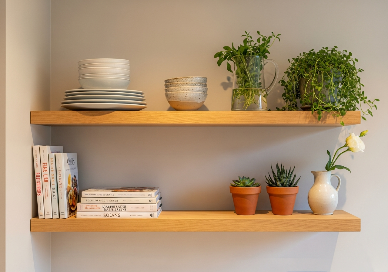 Kitchen wall with floating wooden shelves displaying curated dishes, plants, and cookbooks