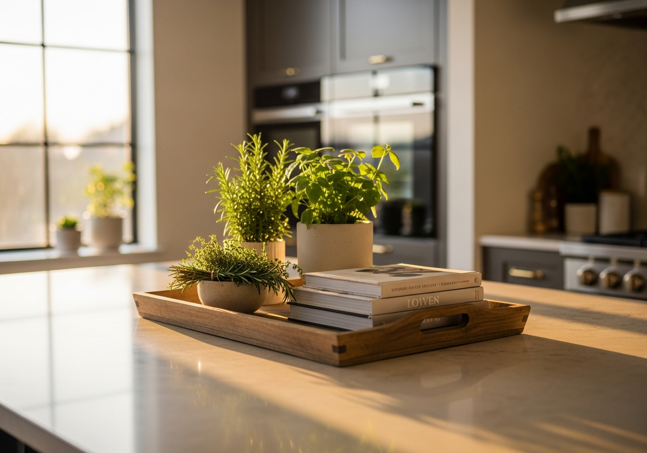 Kitchen island styled with a wooden tray, fresh herbs, stacked cookbooks, and a small potted plant