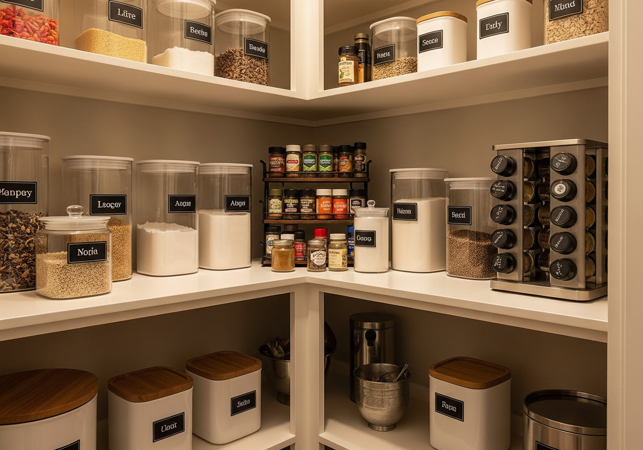 Organized kitchen pantry with matching glass canisters, labeled containers, and tiered spice rack
