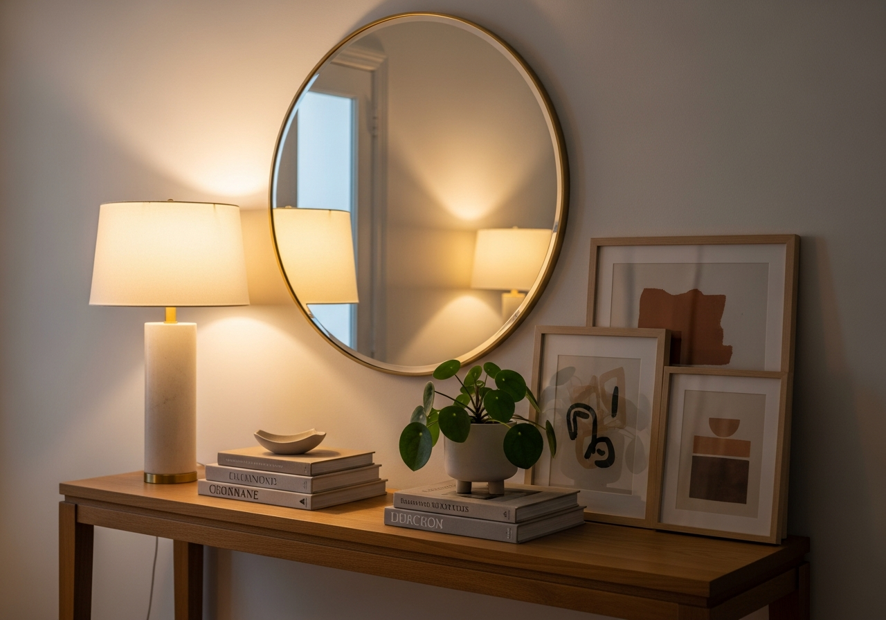 Entryway console table styled with a tall lamp, framed art, books, and a small plant with a round mirror above