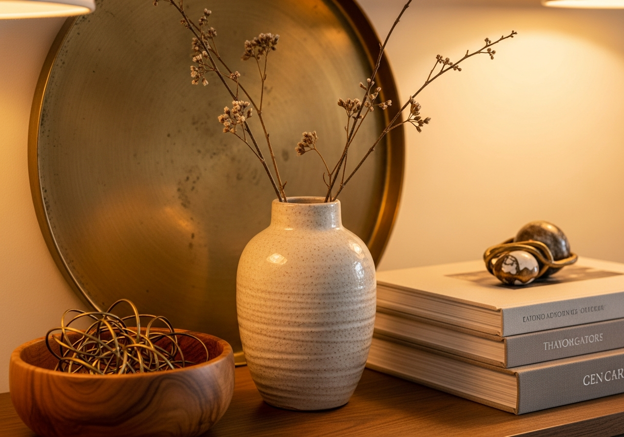 Close-up of console table objects showing ceramic vase, wooden bowl, brass tray, and stacked books