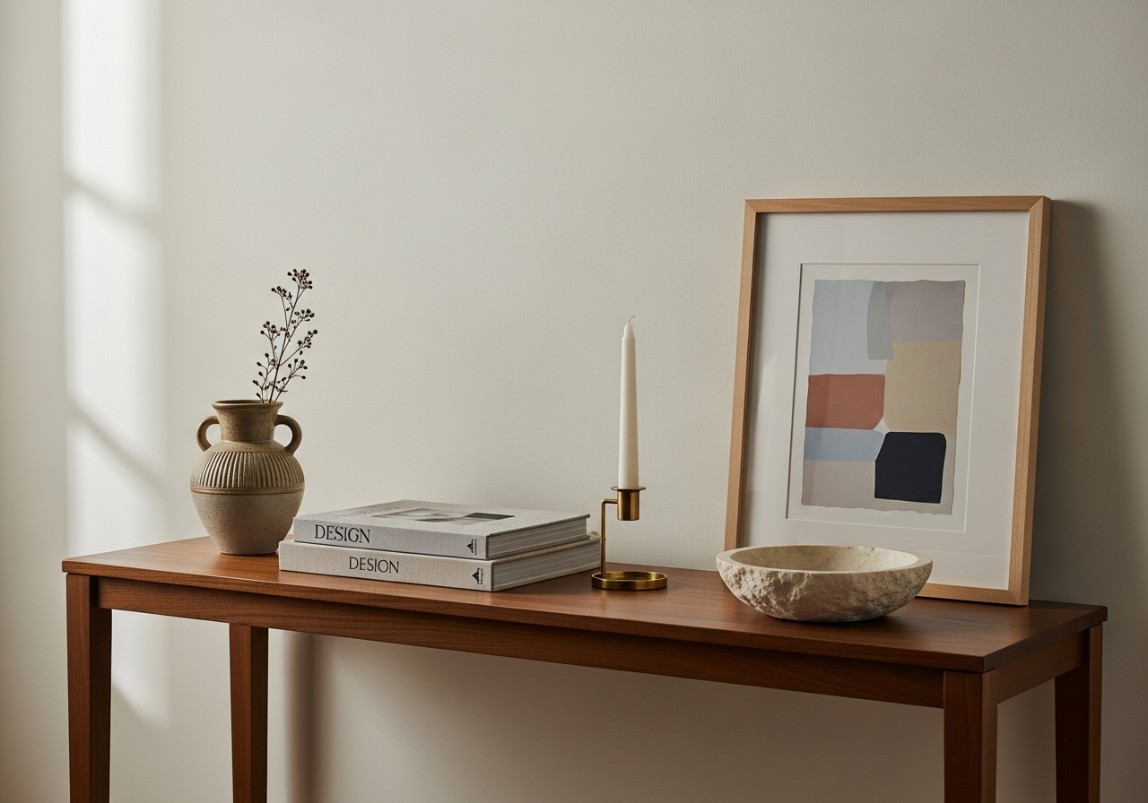 Minimally styled hallway console table with five objects and generous negative space between items