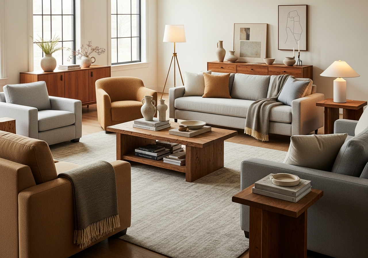 Living room with coordinated but non-matching furniture showing warm wood tones and neutral upholstery