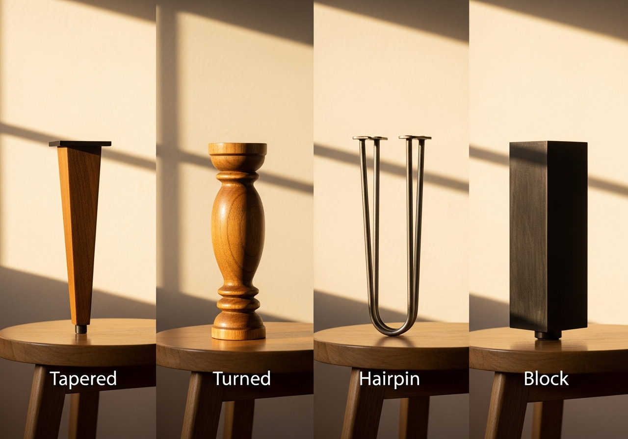 Comparison showing four different furniture leg profiles: tapered, turned, hairpin, and block styles