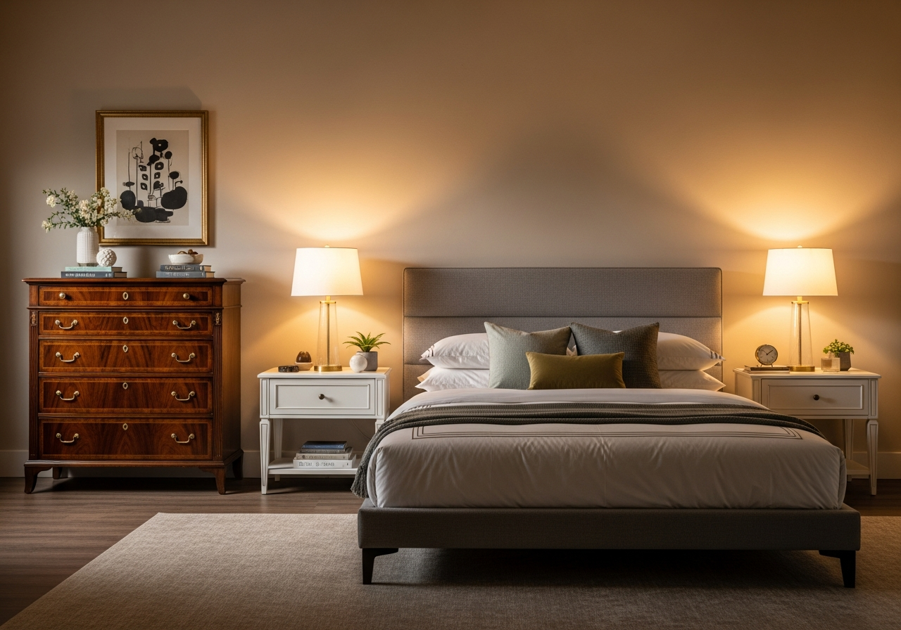 Bedroom showing traditional dresser paired with modern bed frame connected by transitional nightstands