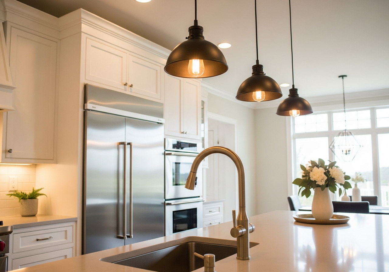 Kitchen with brushed brass faucet, matte black pendant lights, and chrome appliances creating a layered metal look