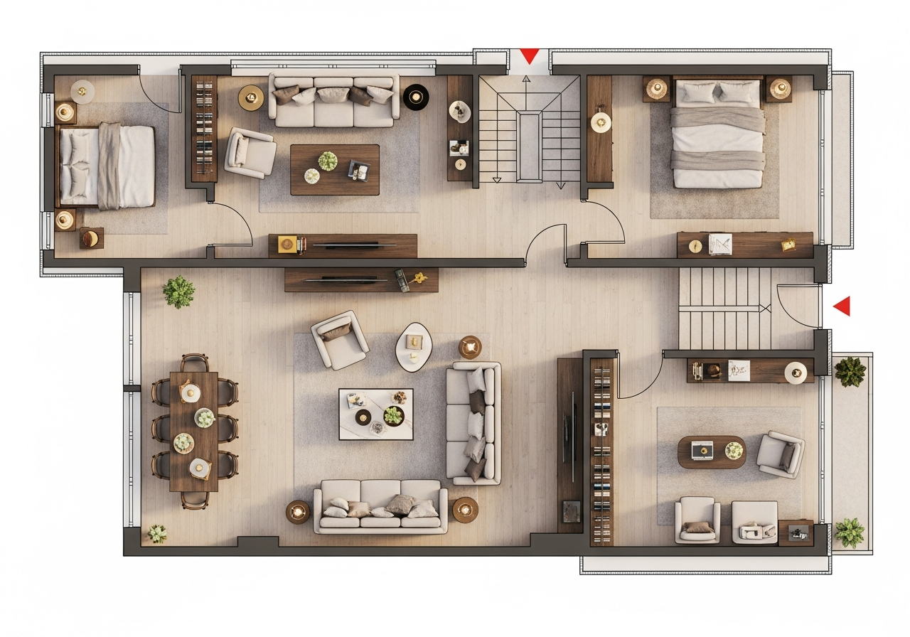Living room floor plan diagram showing distributed brass and black metal accents across the space