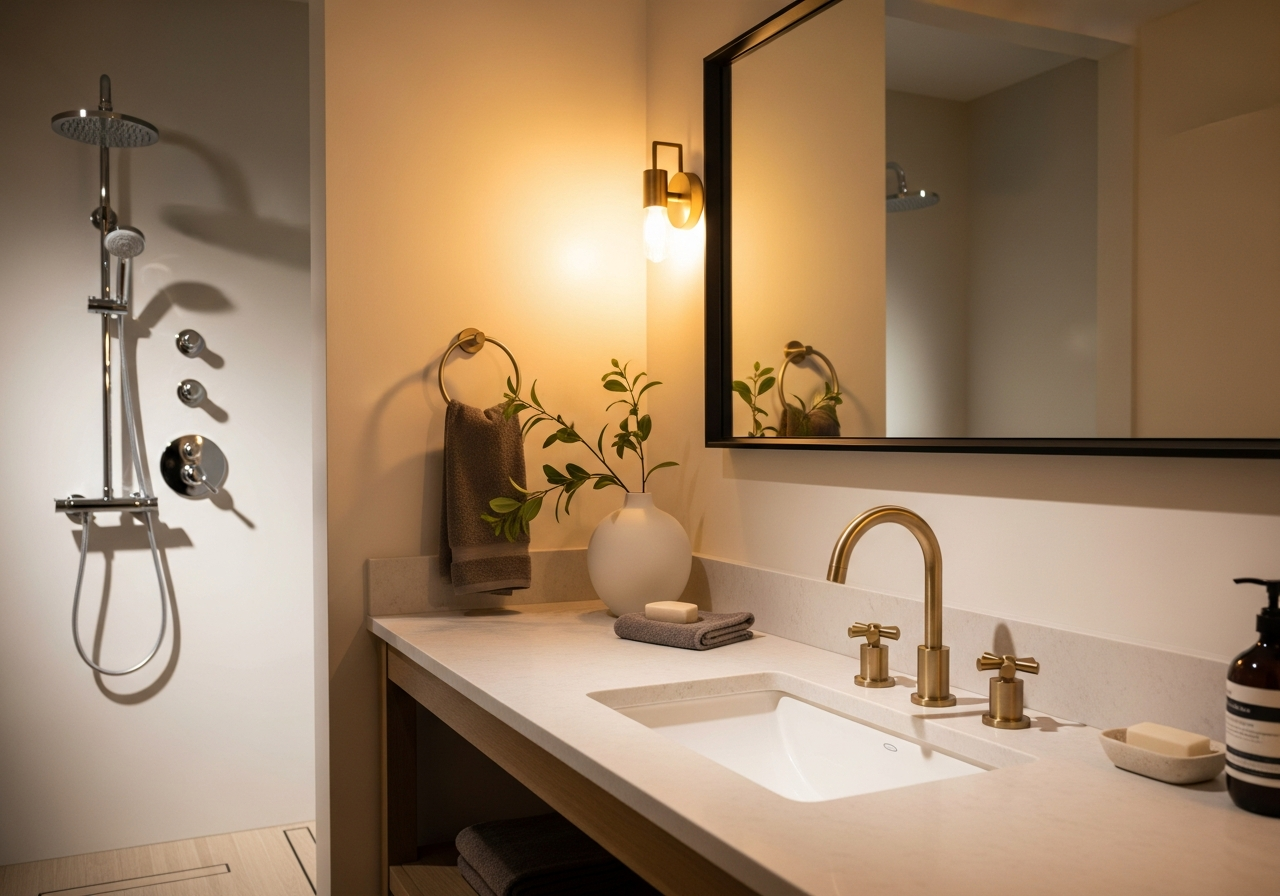 Bathroom vanity showing brushed brass faucet, matte black mirror frame, and chrome shower fixtures