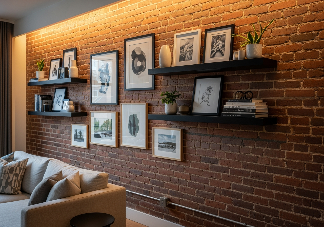 Exposed brick wall in a living room with framed artwork and floating shelves mounted securely