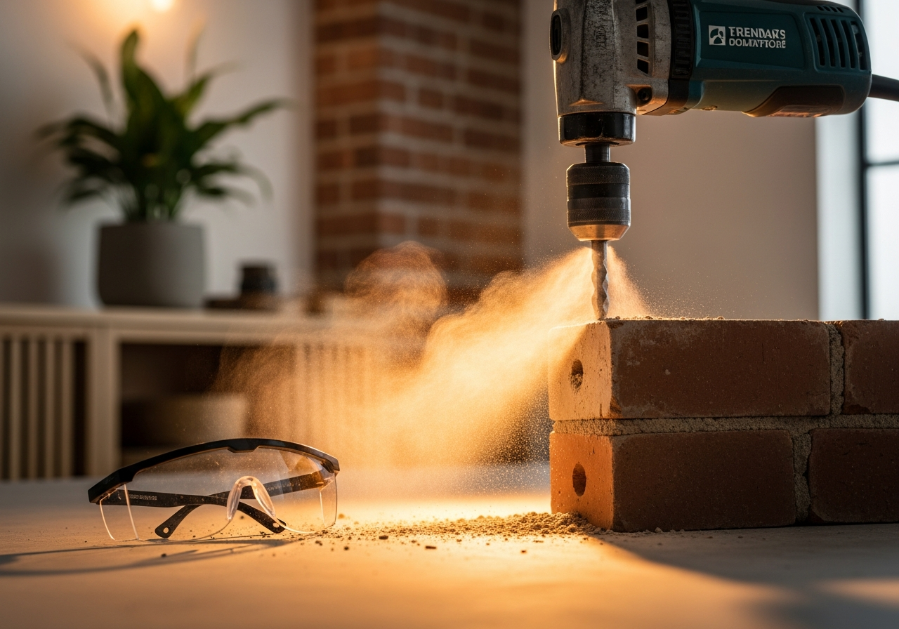 Hammer drill creating a hole in a mortar joint with masonry dust and safety glasses visible