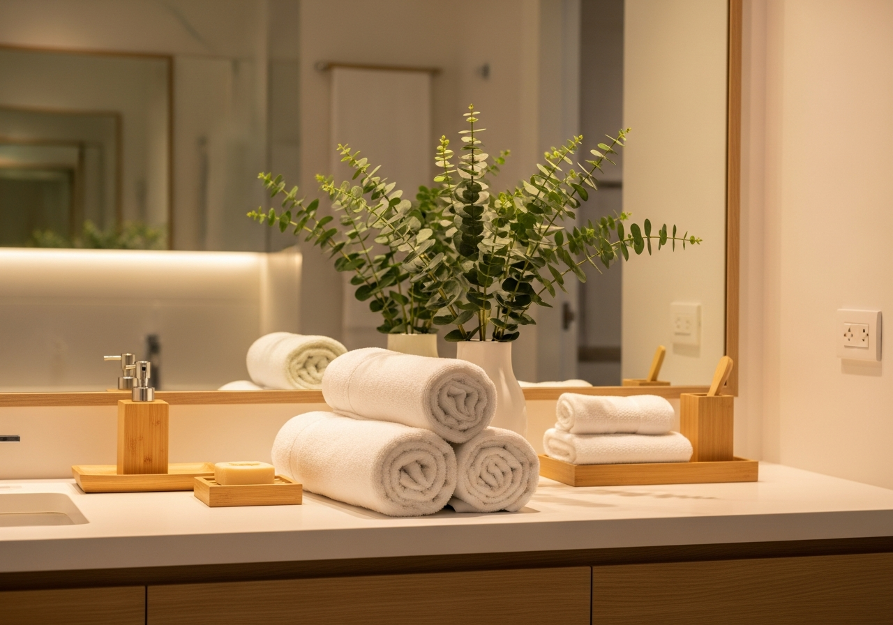Spa-inspired bathroom with rolled white towels, eucalyptus stems, and natural wood accessories on a vanity