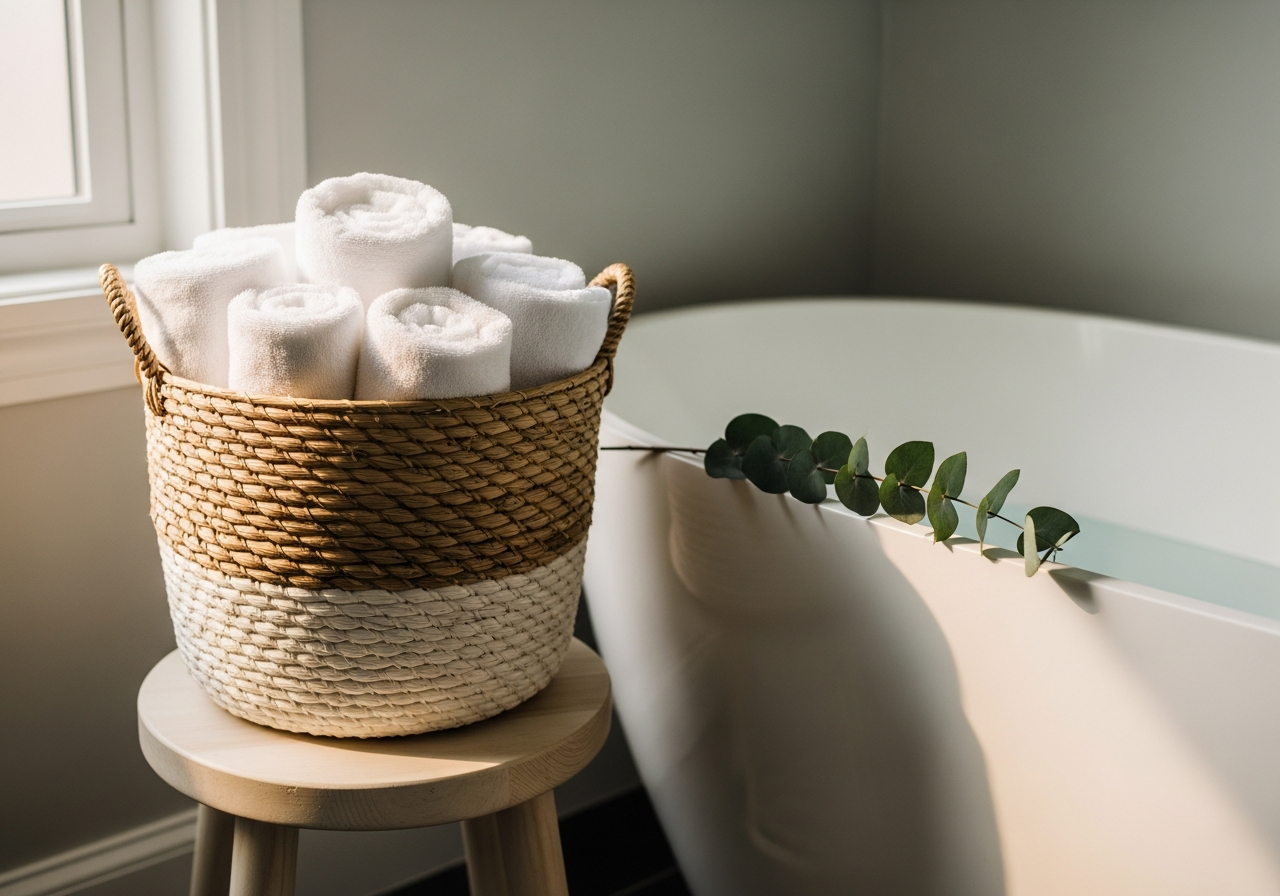 Neatly rolled white towels arranged in a woven basket beside a bathtub with eucalyptus sprig