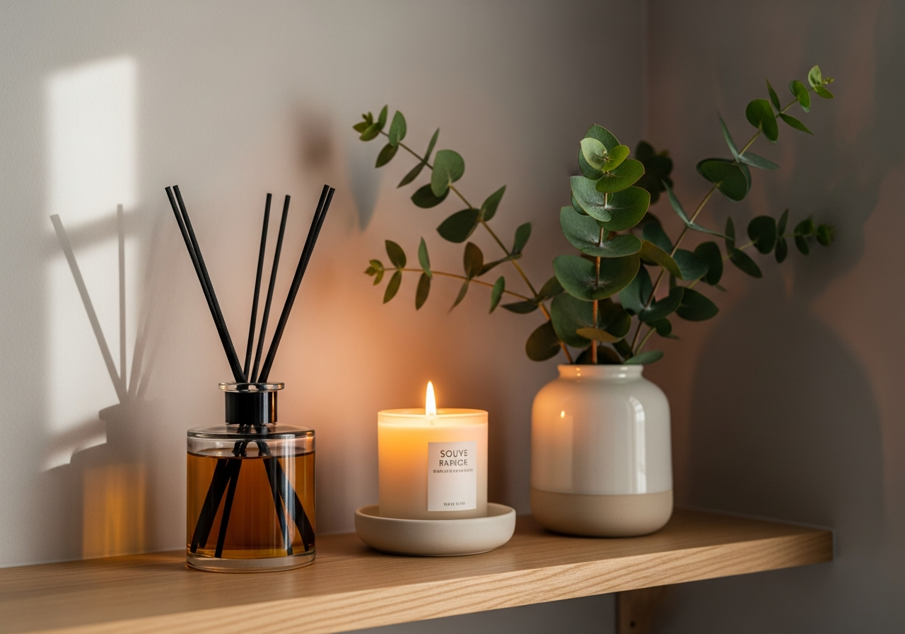 Bathroom shelf with reed diffuser, soy candle, and fresh eucalyptus stems in a ceramic vase