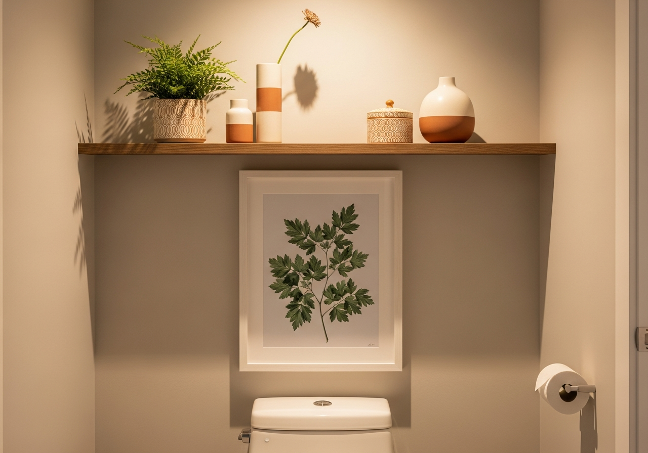Framed botanical print above toilet with coordinated ceramic accessories on floating shelf