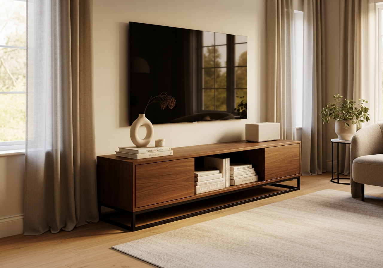 Modern TV stand with curated books, ceramic vase, and concealed cable management in a living room
