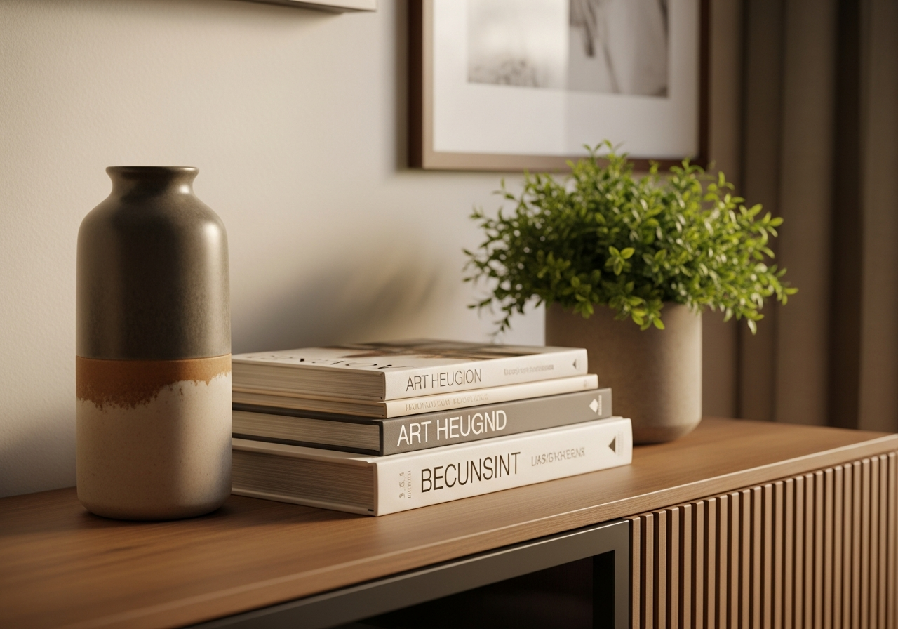 TV stand surface with tall ceramic vase, stacked design books, and small potted plant creating graduated heights