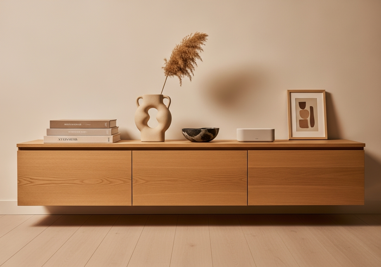 Minimalist TV console with five carefully chosen decorative objects and ample negative space