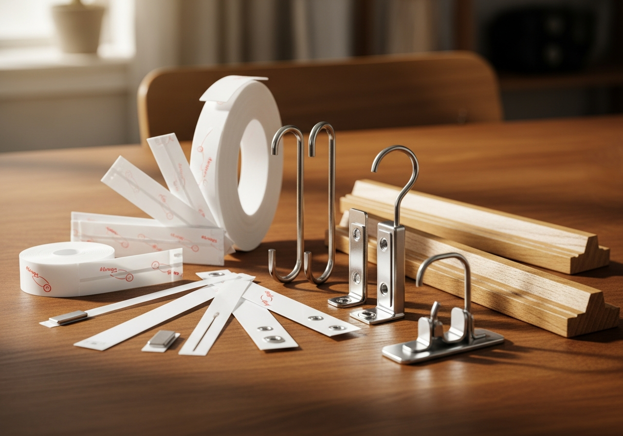 Assortment of damage-free hanging supplies including adhesive strips, magnetic hooks, and picture ledges on a table