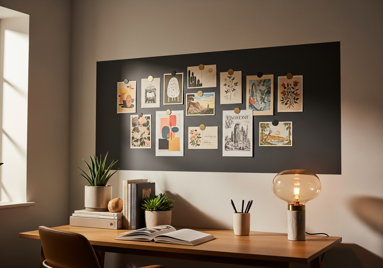 Gallery wall of postcards and small prints attached to a magnetically primed wall section above a desk