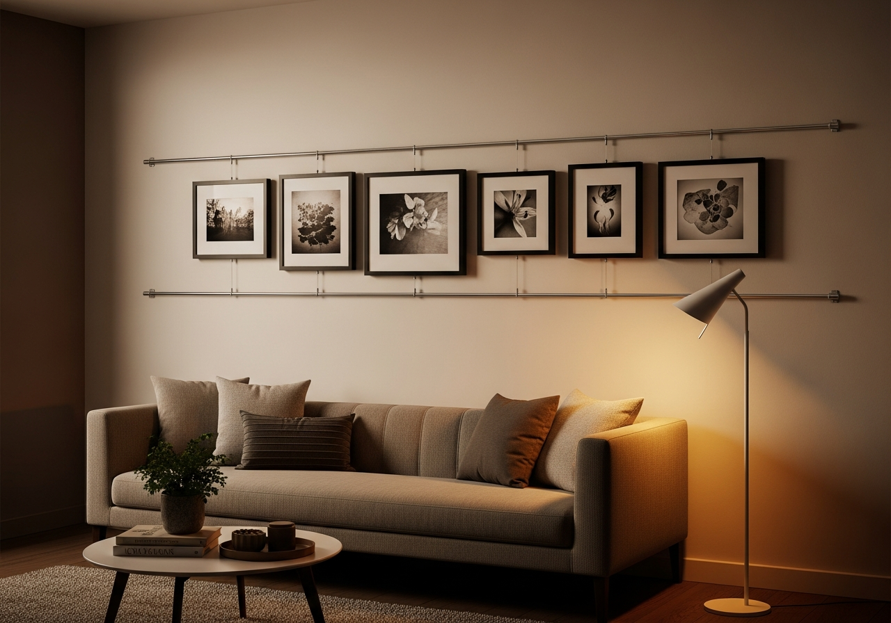 Stainless steel curtain wire system displaying five framed photographs in a horizontal line above a sofa