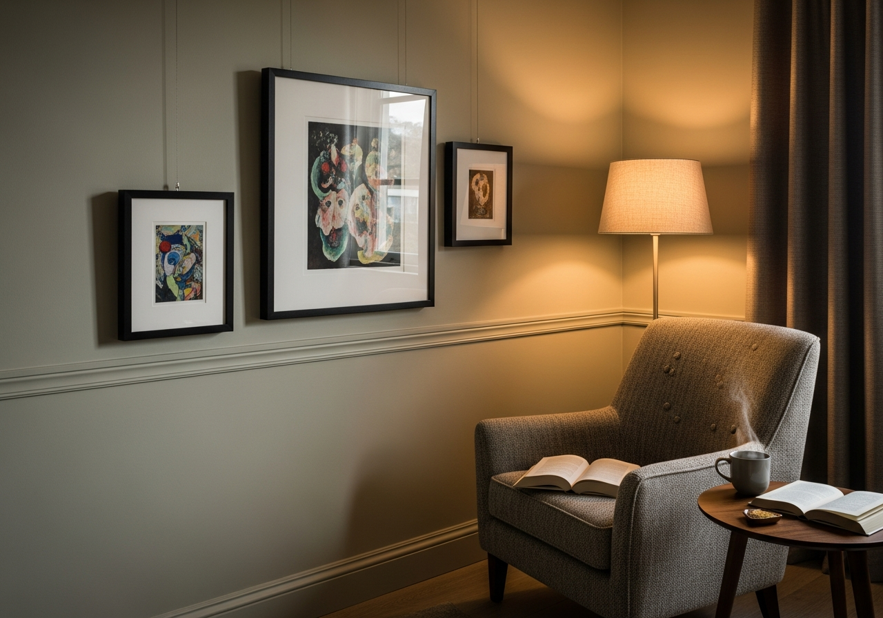 Picture rail molding with cable drops supporting three framed artworks at different heights above a reading nook