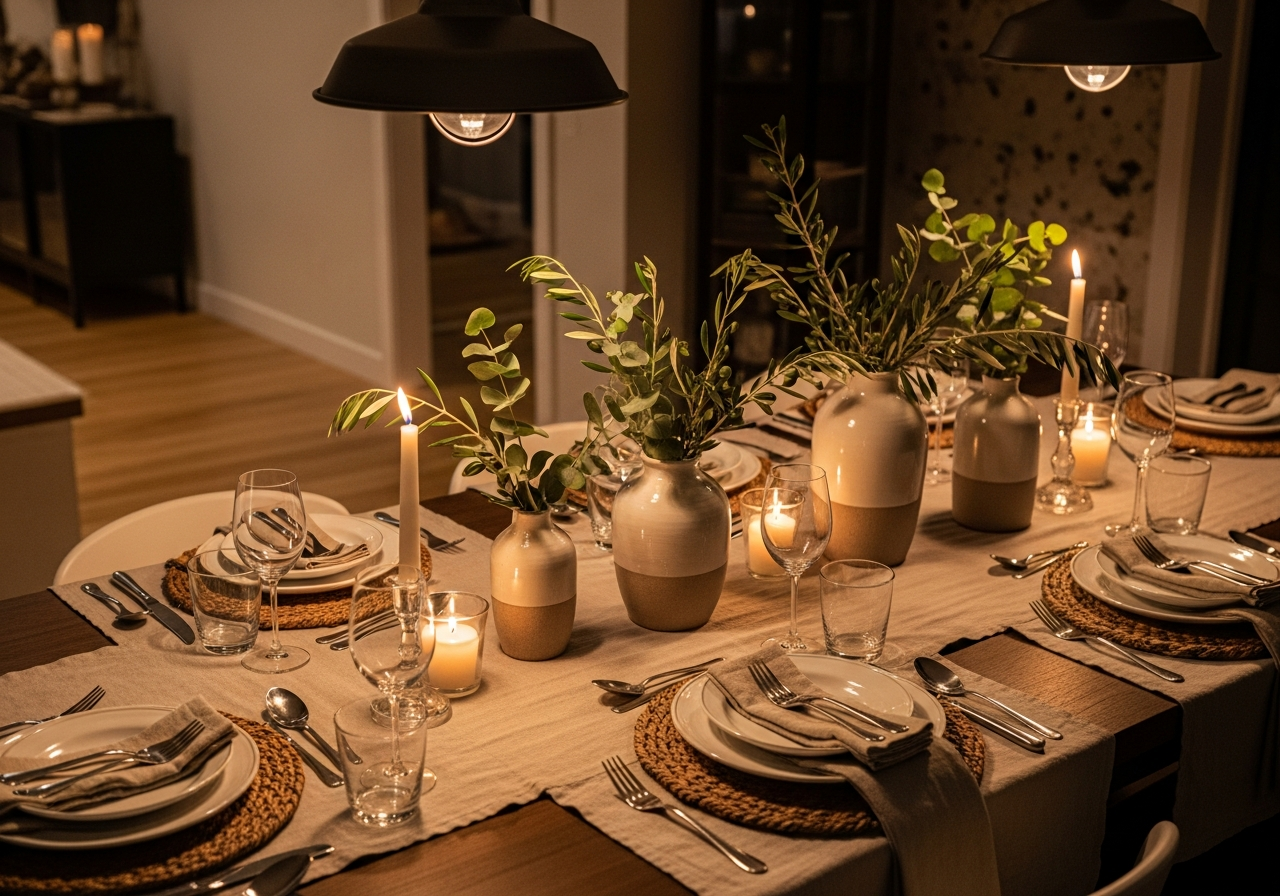 Elegantly styled dining table with layered centerpiece, linen runner, and warm pendant lighting for everyday use